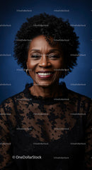 Elegant Woman Smiling in Black Lace Against Blue Background