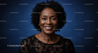 Smiling Mature Woman in Black Lace Dress with Curly Hair