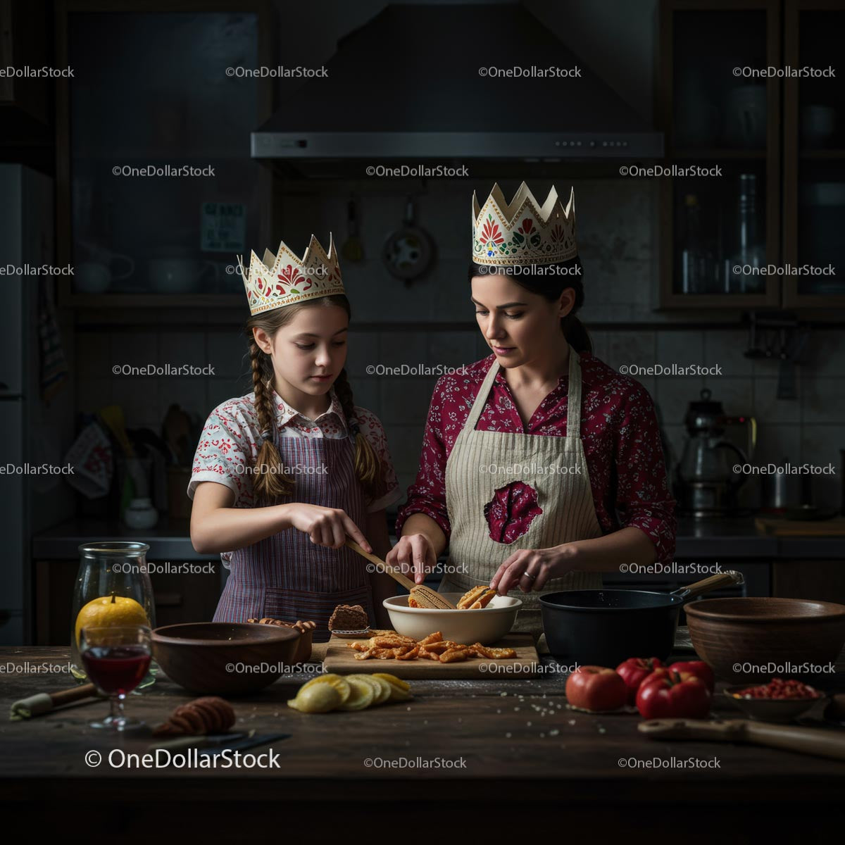 Mother and Daughter Bonding Through Cooking in Cozy Kitchen