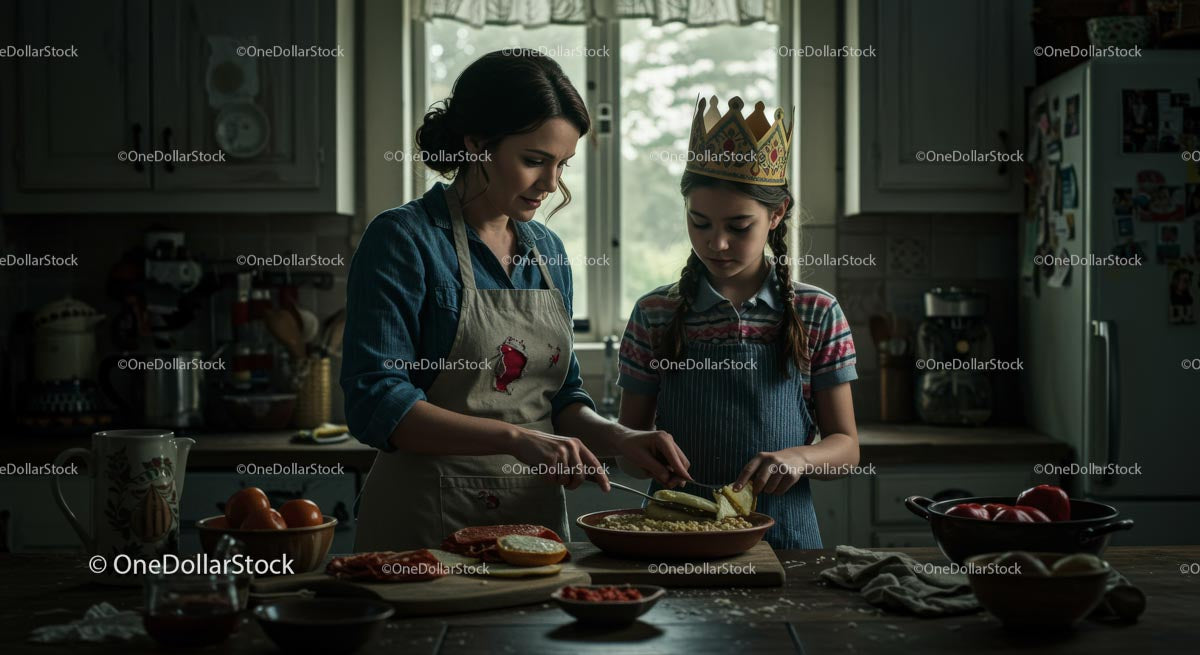 Mother and Daughter Making Homemade Pizza in Cozy Kitchen