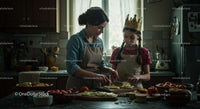 Mother and Daughter Cooking Together in Cozy Home Kitchen