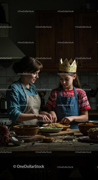 Mother and Daughter Cooking Together in Cozy Kitchen