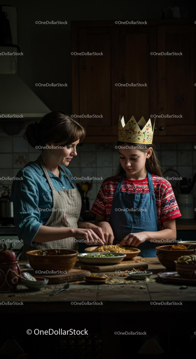 Mother and Daughter Cooking Together in Cozy Kitchen