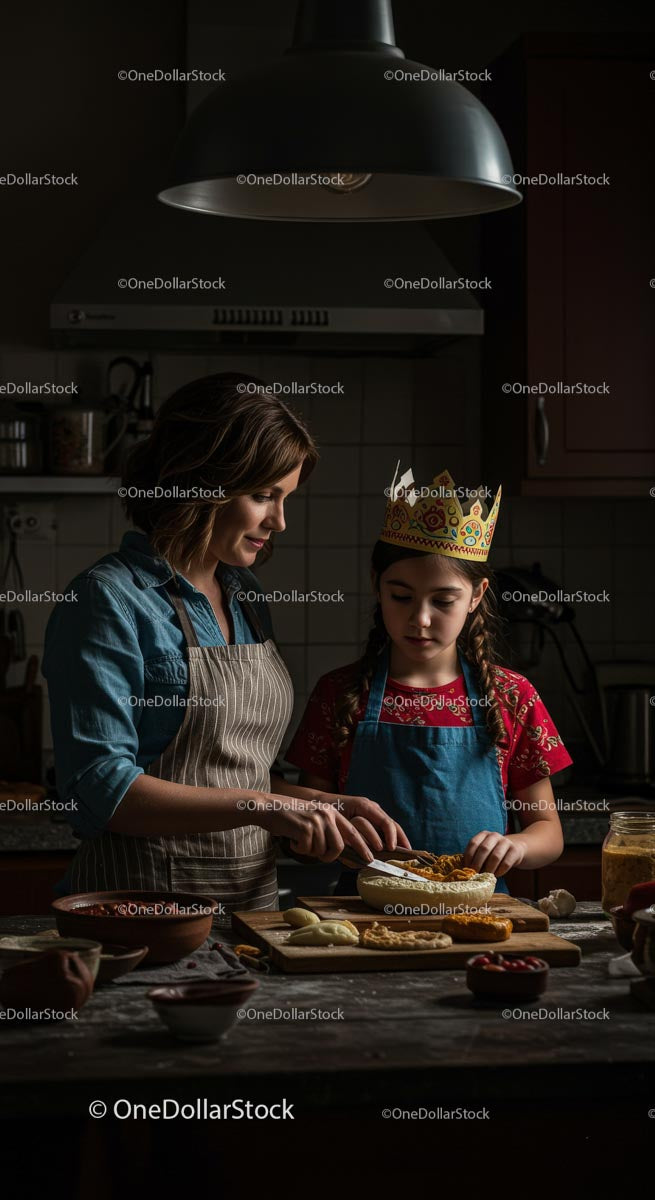 Mother and Daughter Baking Together in Cozy Kitchen