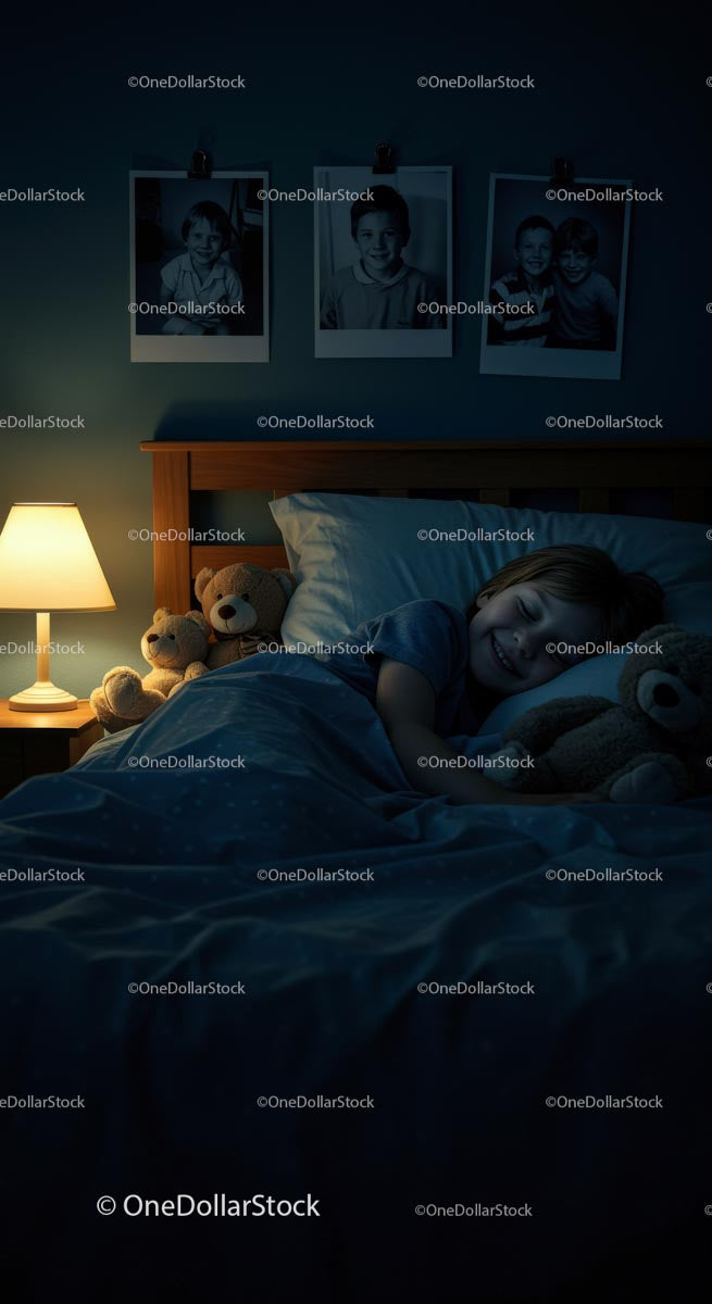 Child Sleeping Peacefully with Teddy Bears at Night