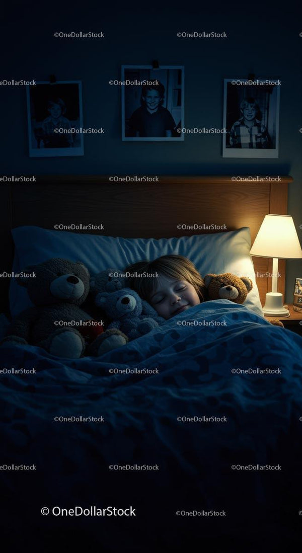 Dziecko śpiące spokojnie z pluszowymi misiami nocą