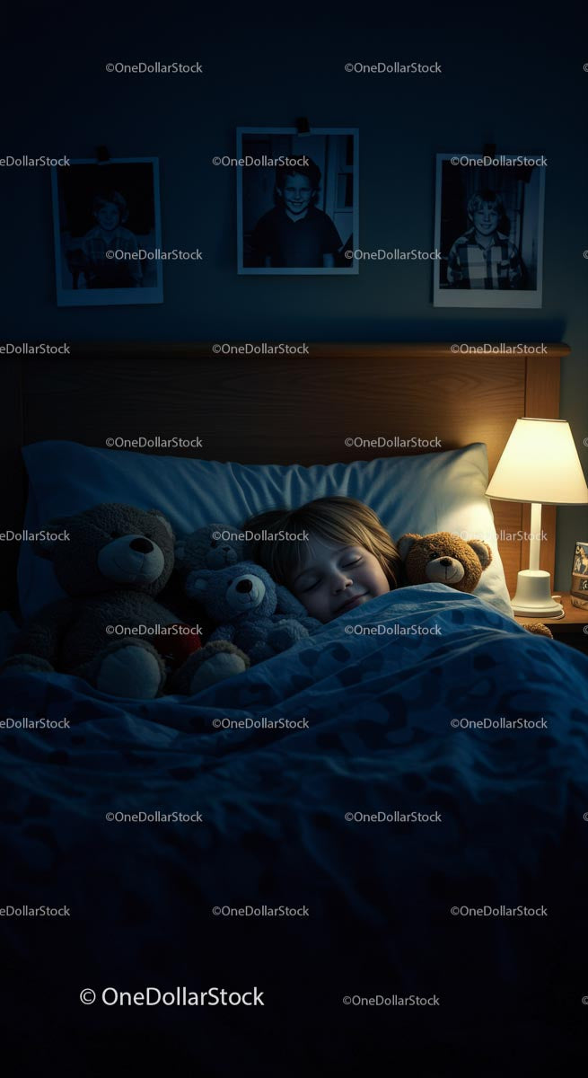 Child Sleeping Peacefully with Teddy Bears at Night
