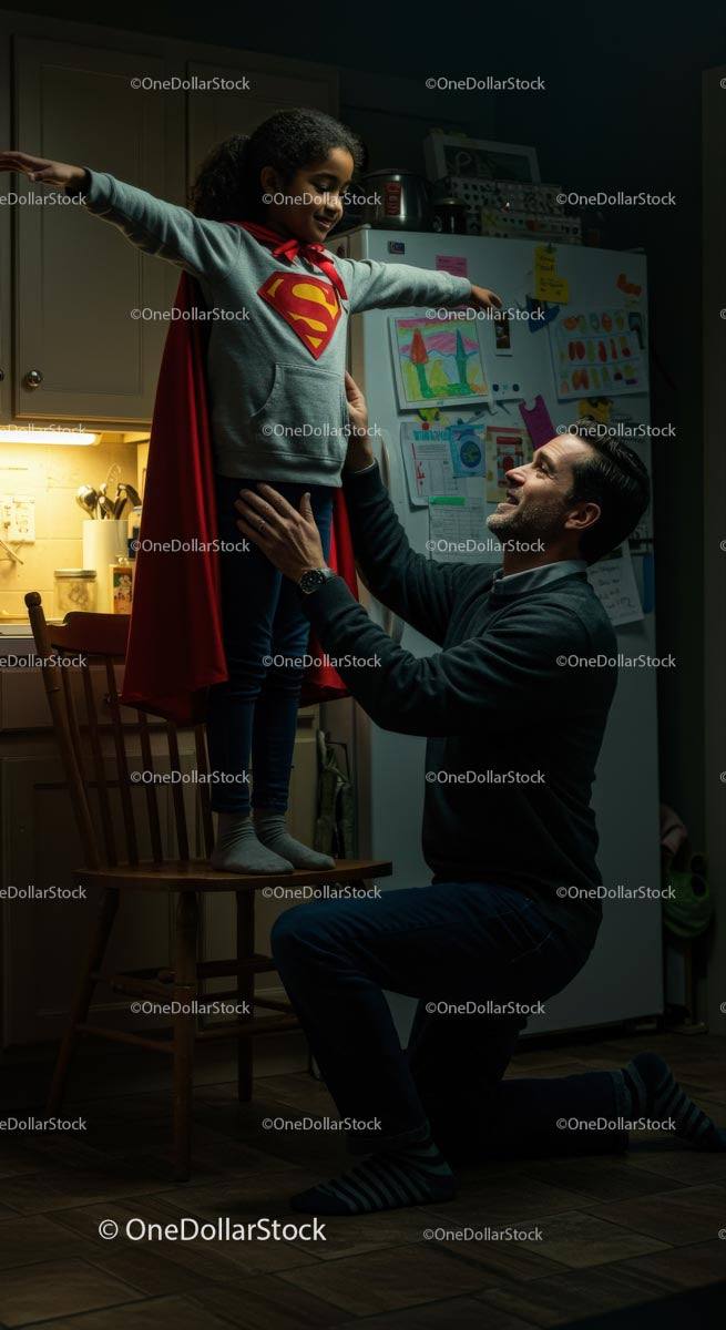 Father and Daughter Play in Superhero Costume at Home (14 Images)