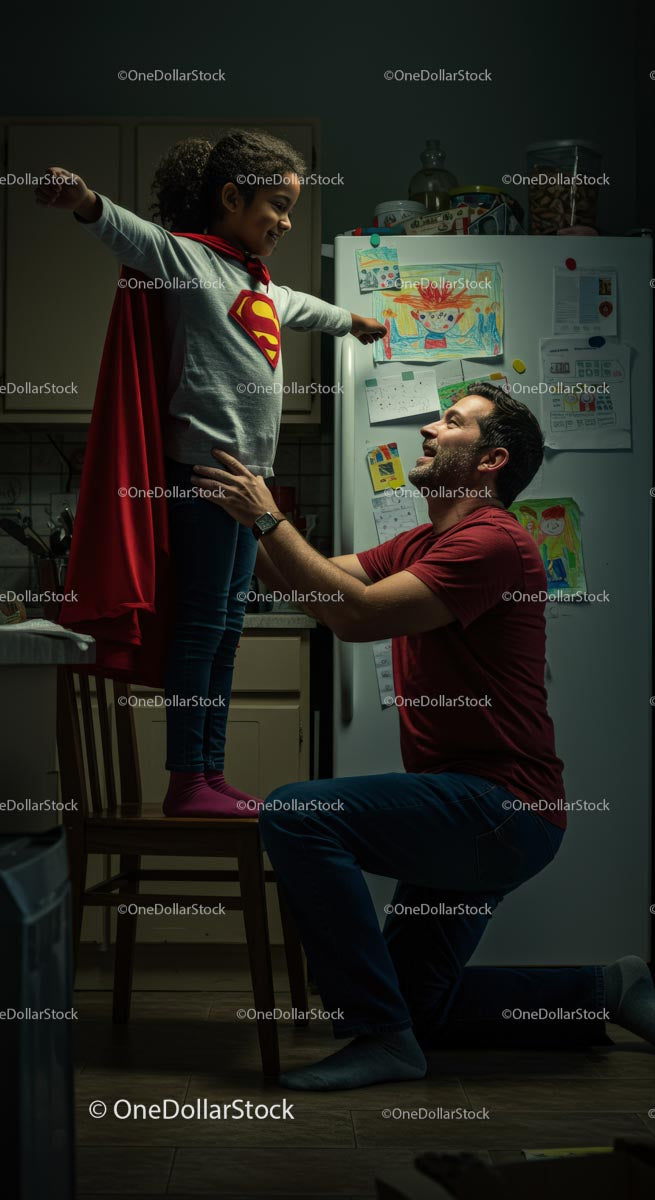 Father and Daughter Play in Superhero Costume at Home