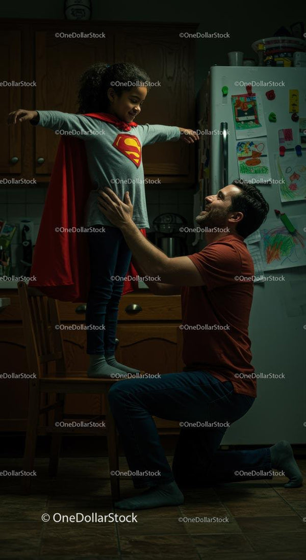 Ojciec Podnoszący Dziecko w Kostiumie Superbohatera w Kuchni