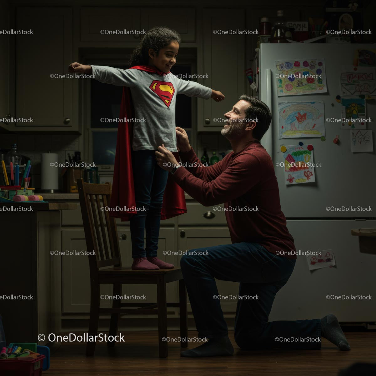 Father and Daughter Play in Superhero Costume at Home