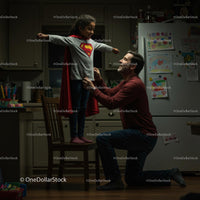Father and Daughter Play in Superhero Costume at Home