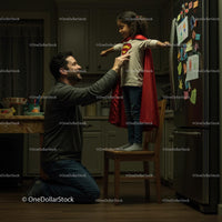 Father and Daughter Play in Superhero Costume at Home