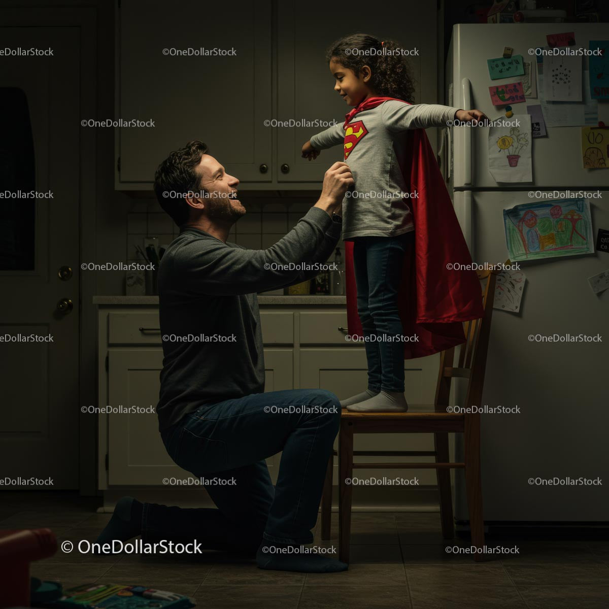 Father and Daughter Sharing a Superhero Moment in the Kitchen