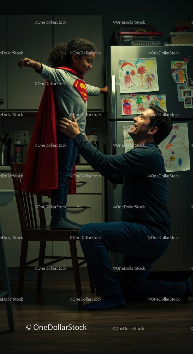 Father and Daughter Play in Superhero Costume at Home