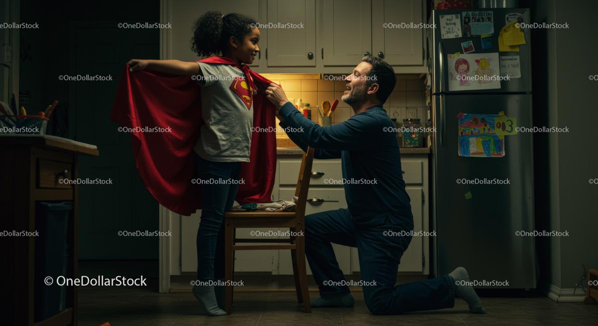 Father and Daughter Play in Superhero Costume at Home