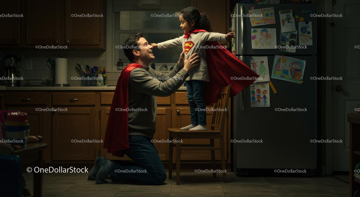Father and Daughter Play in Superhero Costume at Home