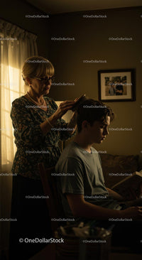 Mother Grooming Son in Cozy Vintage Room