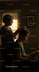 Mother Brushing Son's Hair in a Cozy Home Setting