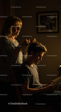 Mother Grooming Son in Cozy Vintage Room