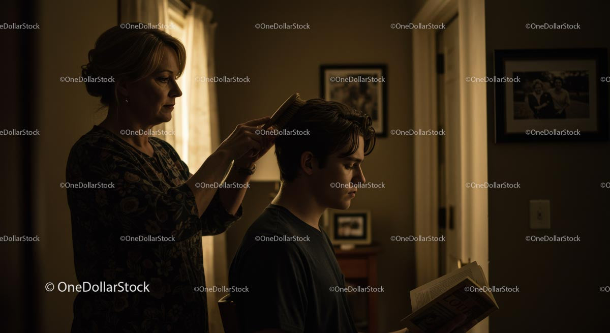 Mother Grooming Son in Cozy Vintage Room