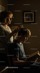 Mother Gently Grooming Son's Hair While He Reads