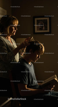 Mother Gently Grooming Son's Hair While He Reads
