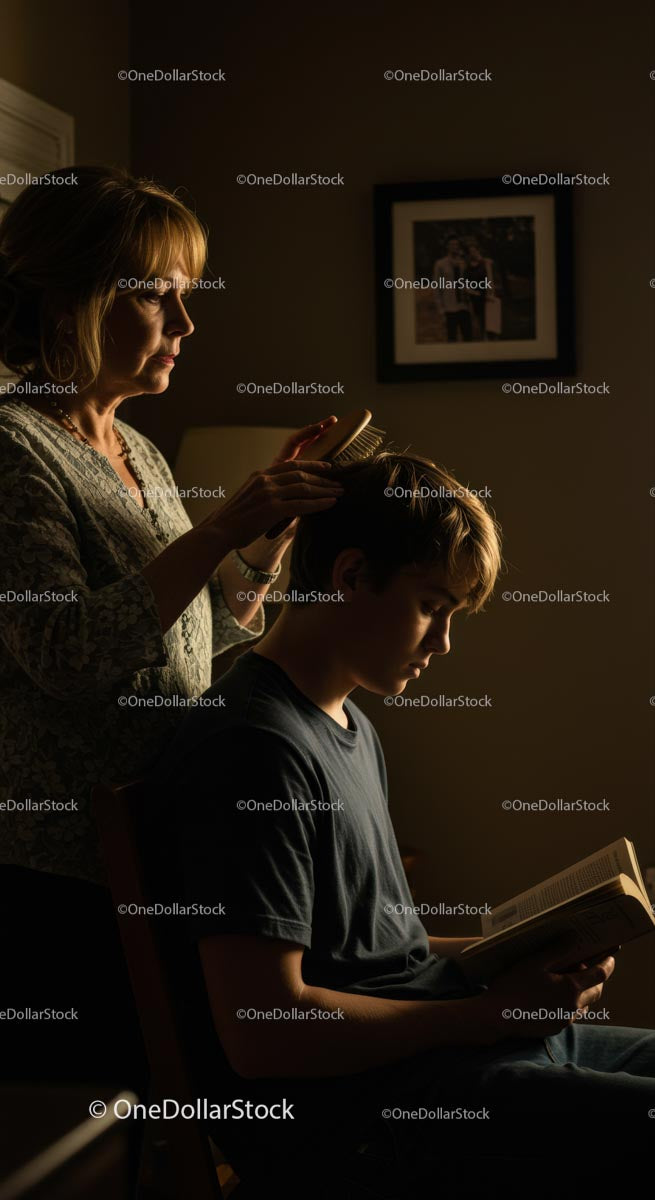 Mother Gently Grooming Son's Hair While He Reads