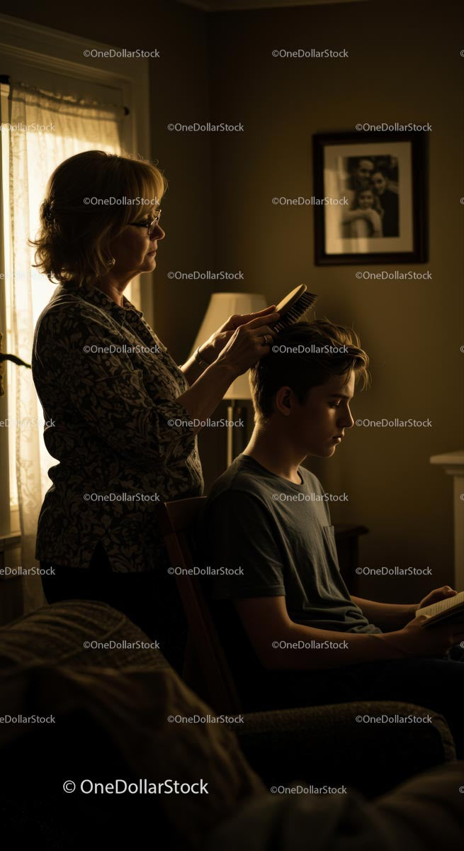 Mother Brushing Son's Hair in Warm Evening Light