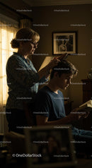 Mother Grooming Son in Cozy Vintage Room