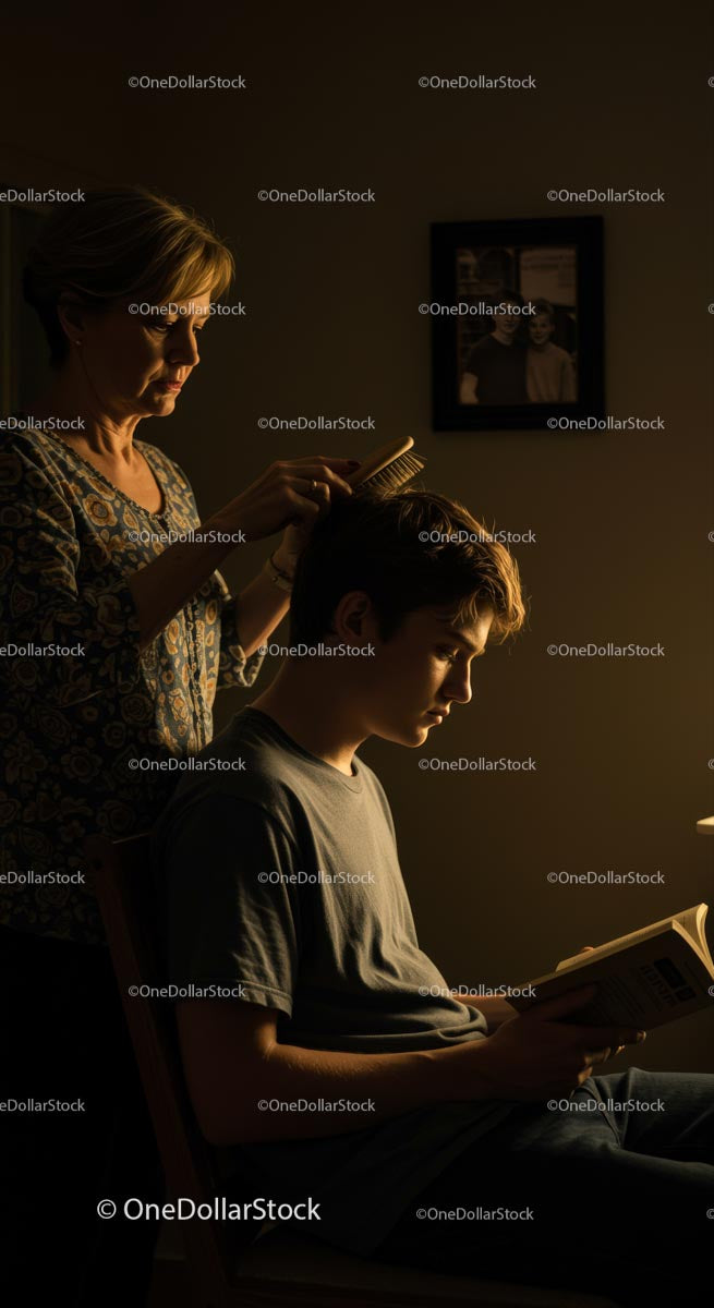 Mother Combing Son's Hair as He Reads a Book