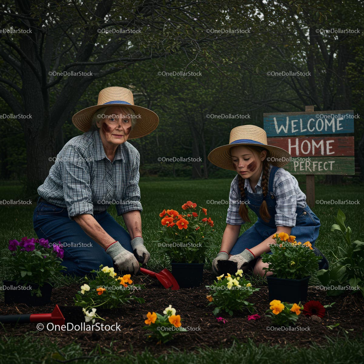 Grandmother and Granddaughter Planting Colorful Flowers