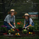 Grandmother and Granddaughter Planting Colorful Flowers