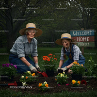 Grandmother and Granddaughter Planting Colorful Flowers
