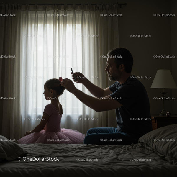 Ojciec czesze córkę w sukience baletowej przy świetle okna