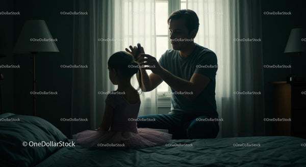 Ojciec czesze włosy córki w delikatnym porannym świetle