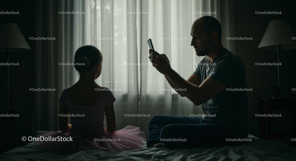 Ojciec fotografujący córkę w różowej sukience w domu