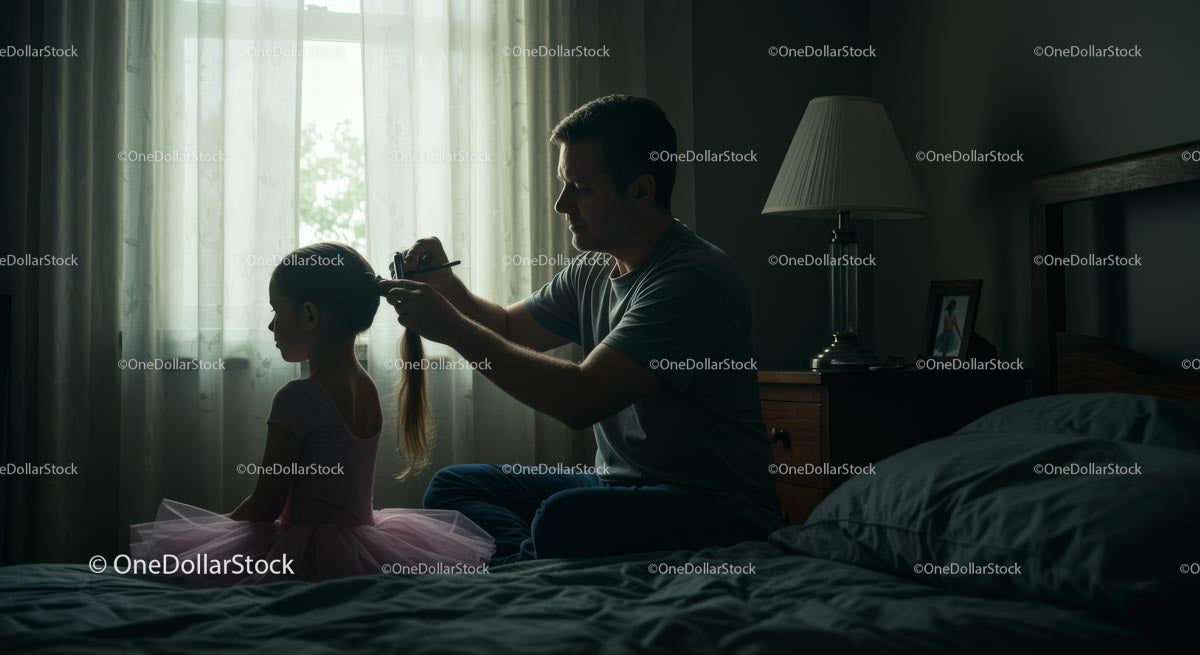 Father Styling Daughter's Hair in Cozy Bedroom Setting