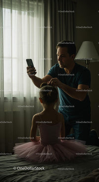Father Styling Daughter's Hair for Ballet Performance