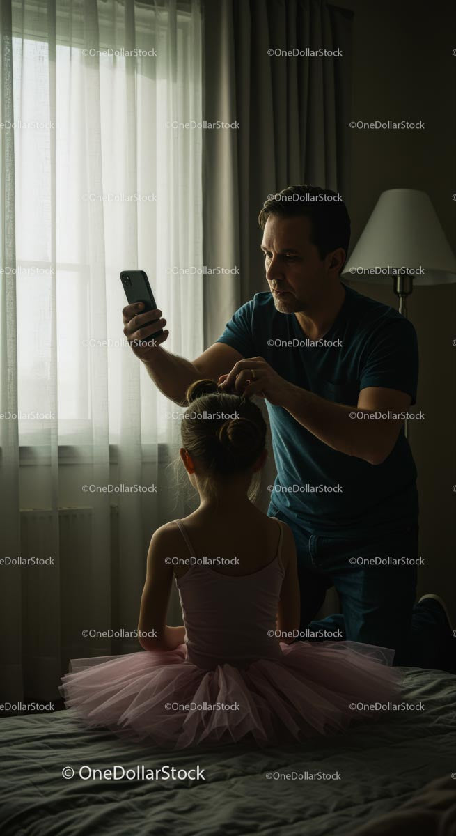 Father Styling Daughter's Hair for Ballet Performance
