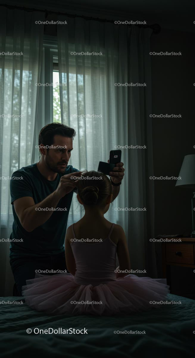 Father Styling Daughter's Hair for Ballet Performance at Home
