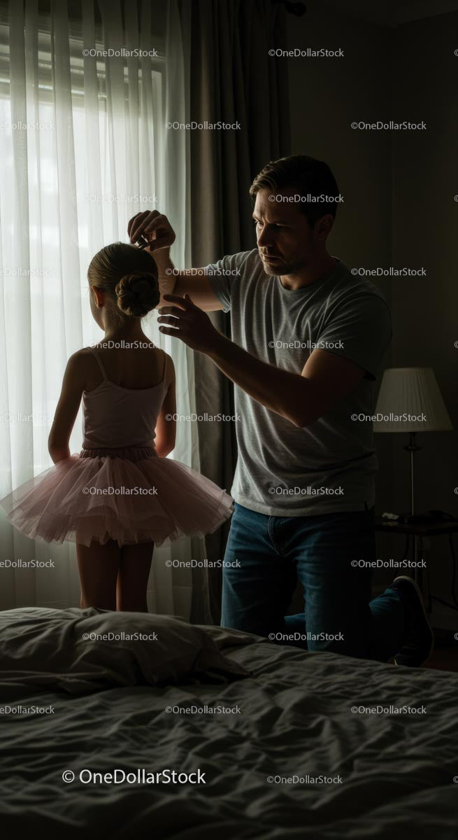 Father Preparing Daughter for Ballet Practice by Window