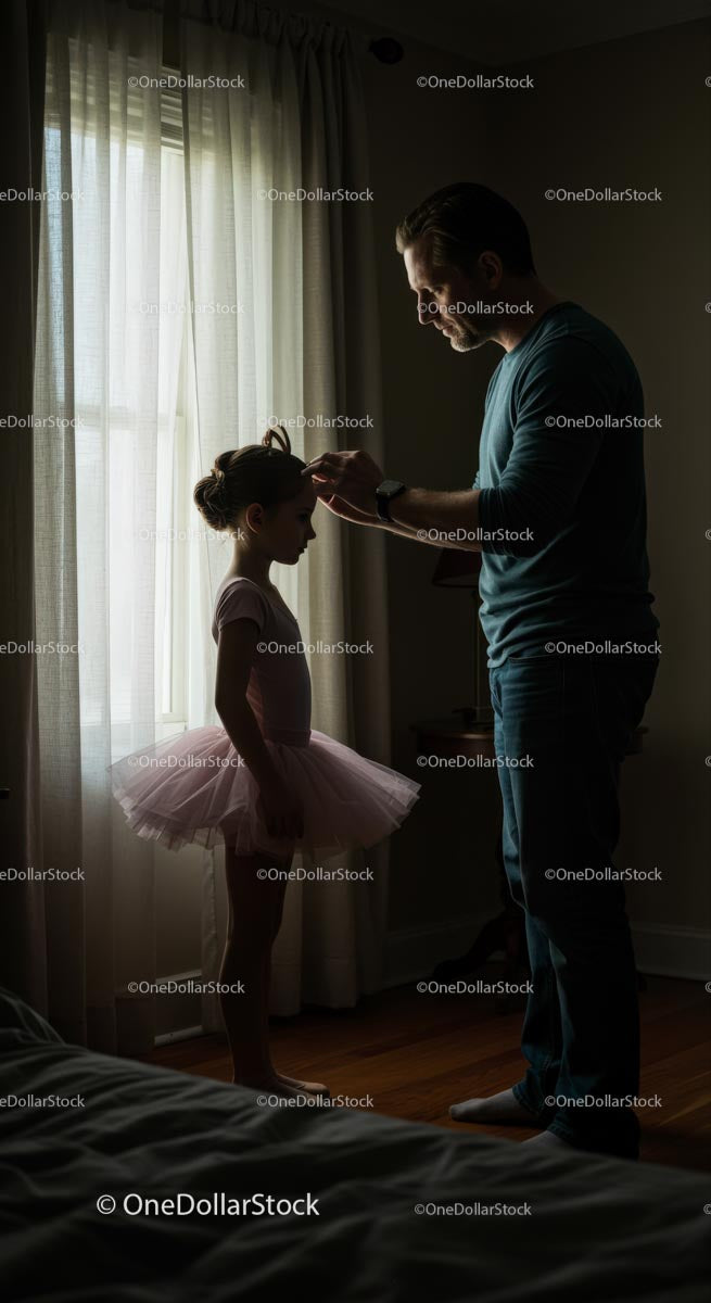 Father Helping Daughter with Ballet Attire in Morning Light