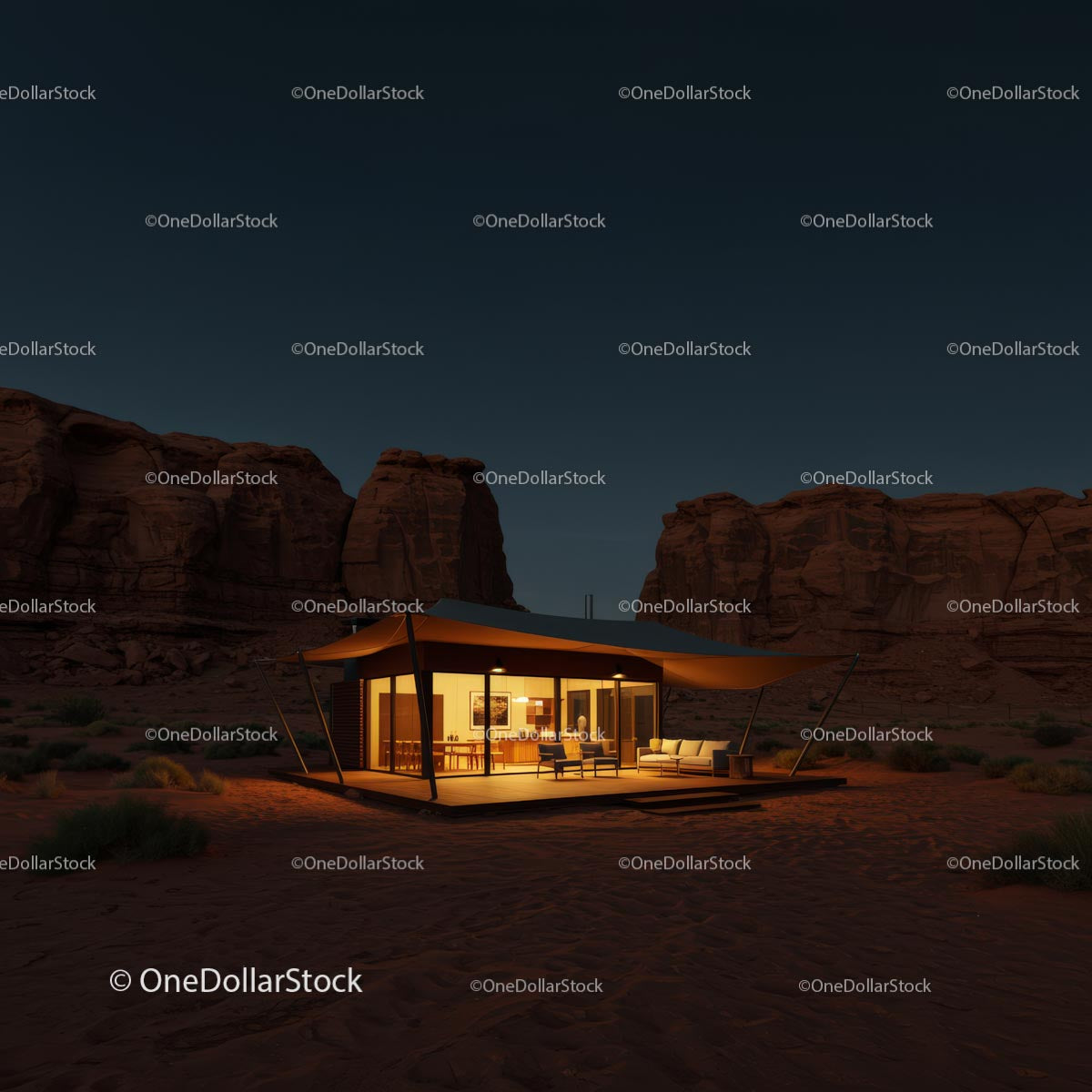 Modern Desert Cabin at Night with Luxurious Interior Lighting