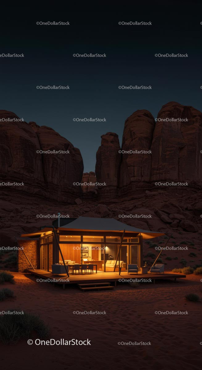 Modern Desert Cabin Against Majestic Sandstone Cliffs