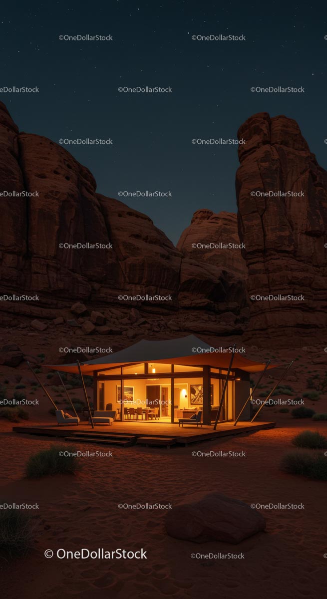 Illuminated Desert Cabin Under Starry Night Sky