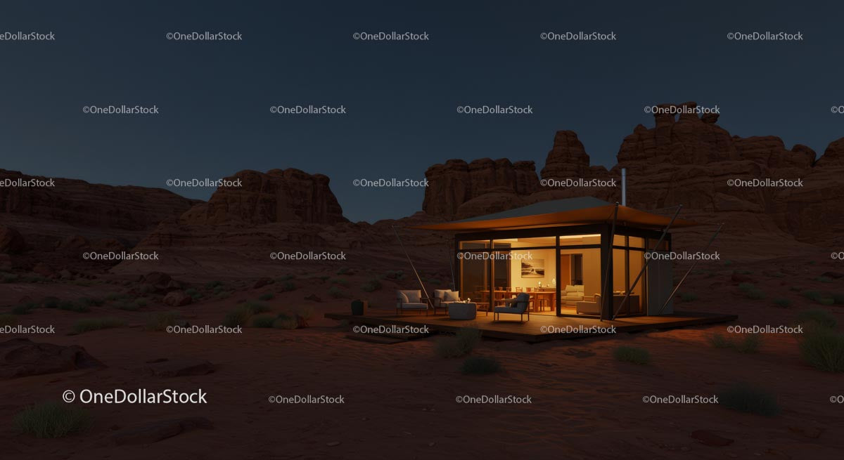 Modern Glass Cabin in Tranquil Desert at Dusk