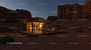 Modern Glass House in Remote Desert at Dusk