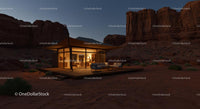 Modern Glass House in Remote Desert at Dusk