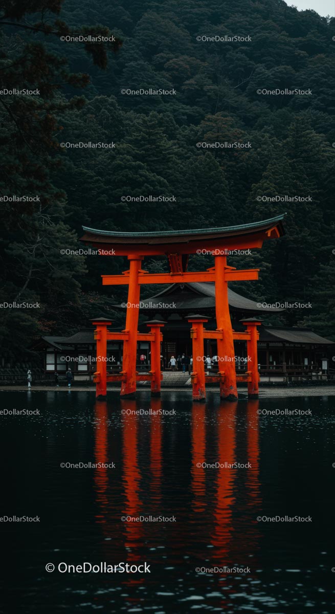 Majestatyczna Brama Torii odbijająca się w spokojnych wodach
